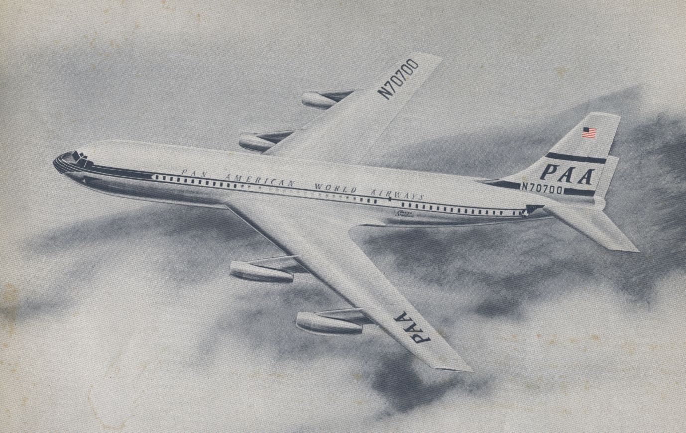 1950s Artist rendition of a Boeing 707 in the piston  livery.  The blue globe livery was adopted prior to the arrival of Pan Am's first jets.